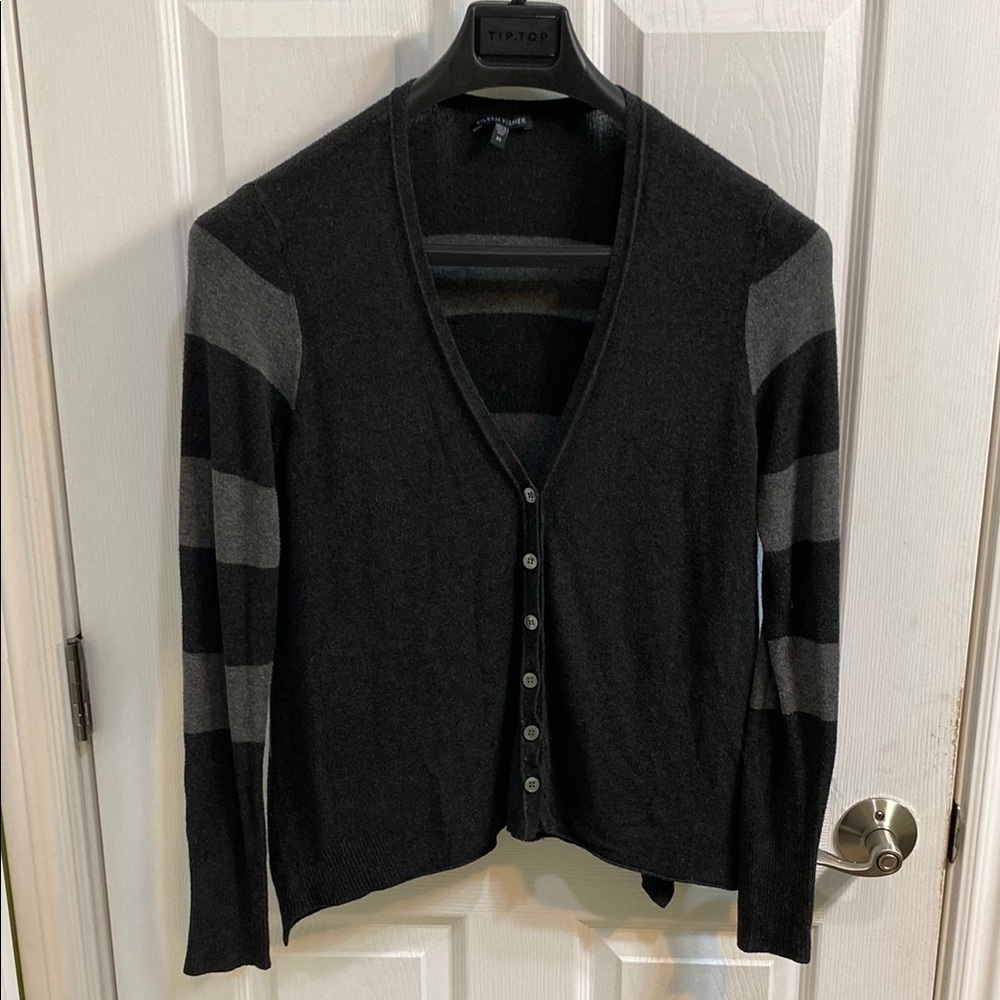 Eileen Fisher Charcoal Stripe Stretch Viscose Knit Button Front Cardigan Size XS